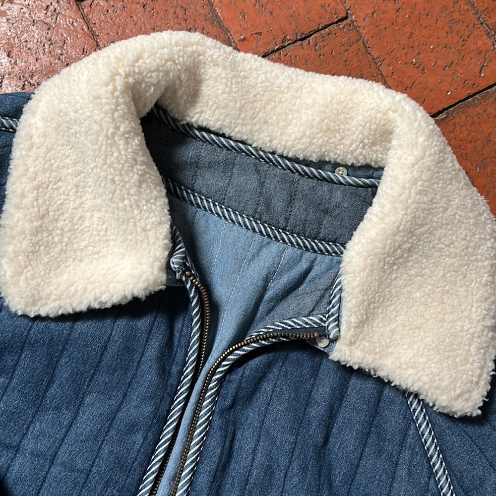 THE GREAT. Quilted Denim Blue Coat with Cream Sherpa Collar - Picture 5 of 9